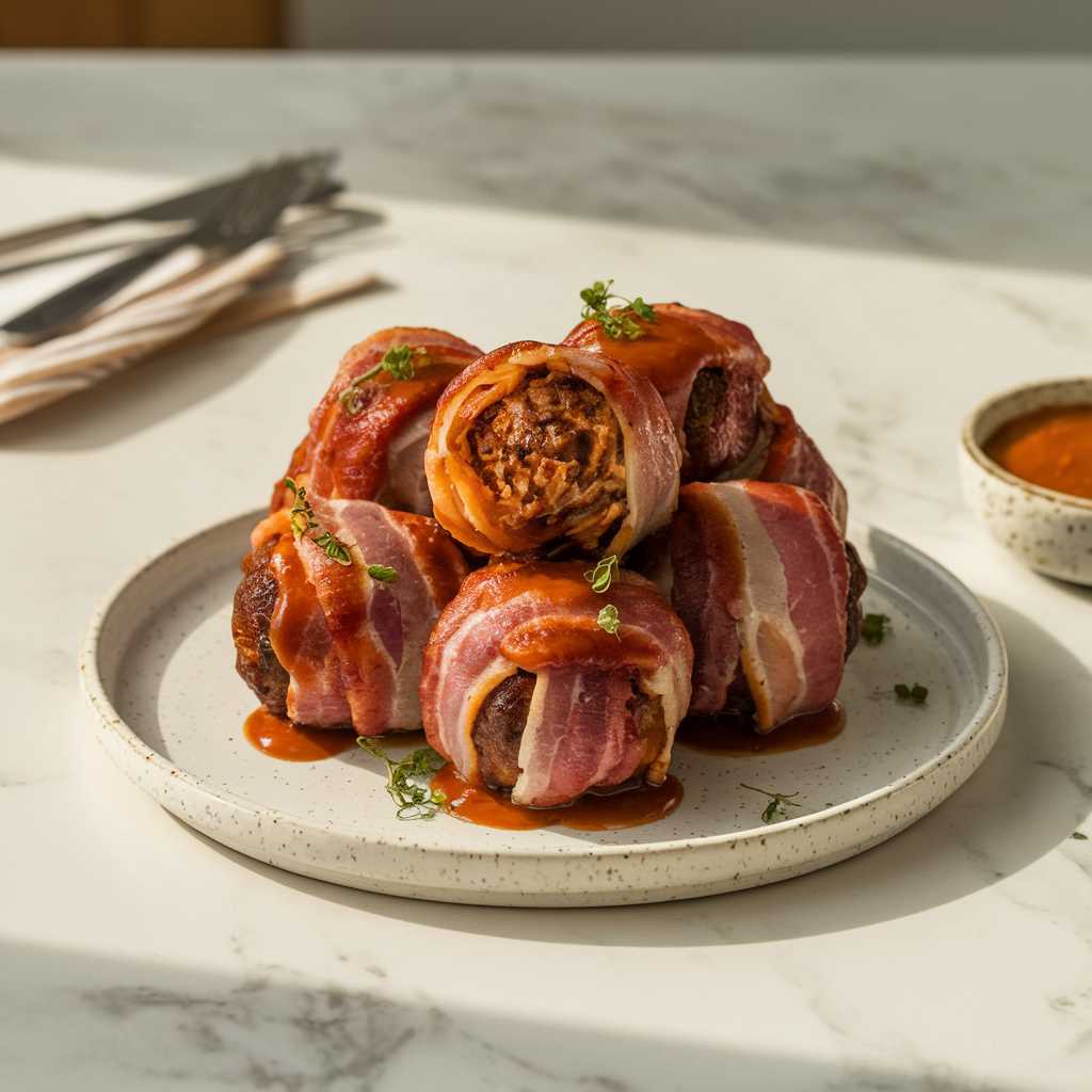 Bacon-Wrapped Stuffed Meatball Bombs with Smoky Chipotle Sauce