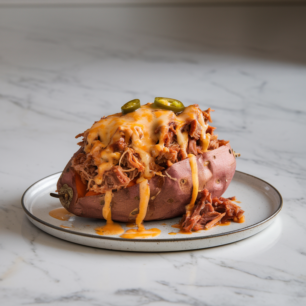 Decadent BBQ Pulled Pork Stuffed Sweet Potatoes with Cheesy Jalapeño Drizzle