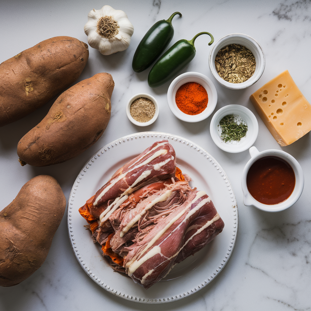 Ingredients for Decadent BBQ Pulled Pork Stuffed Sweet Potatoes with Cheesy Jalapeño Drizzle