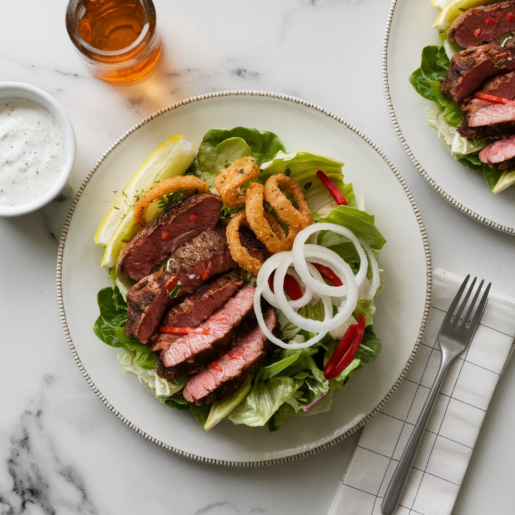 Blazing Buffalo Steak Salad with Crispy Onion Rings