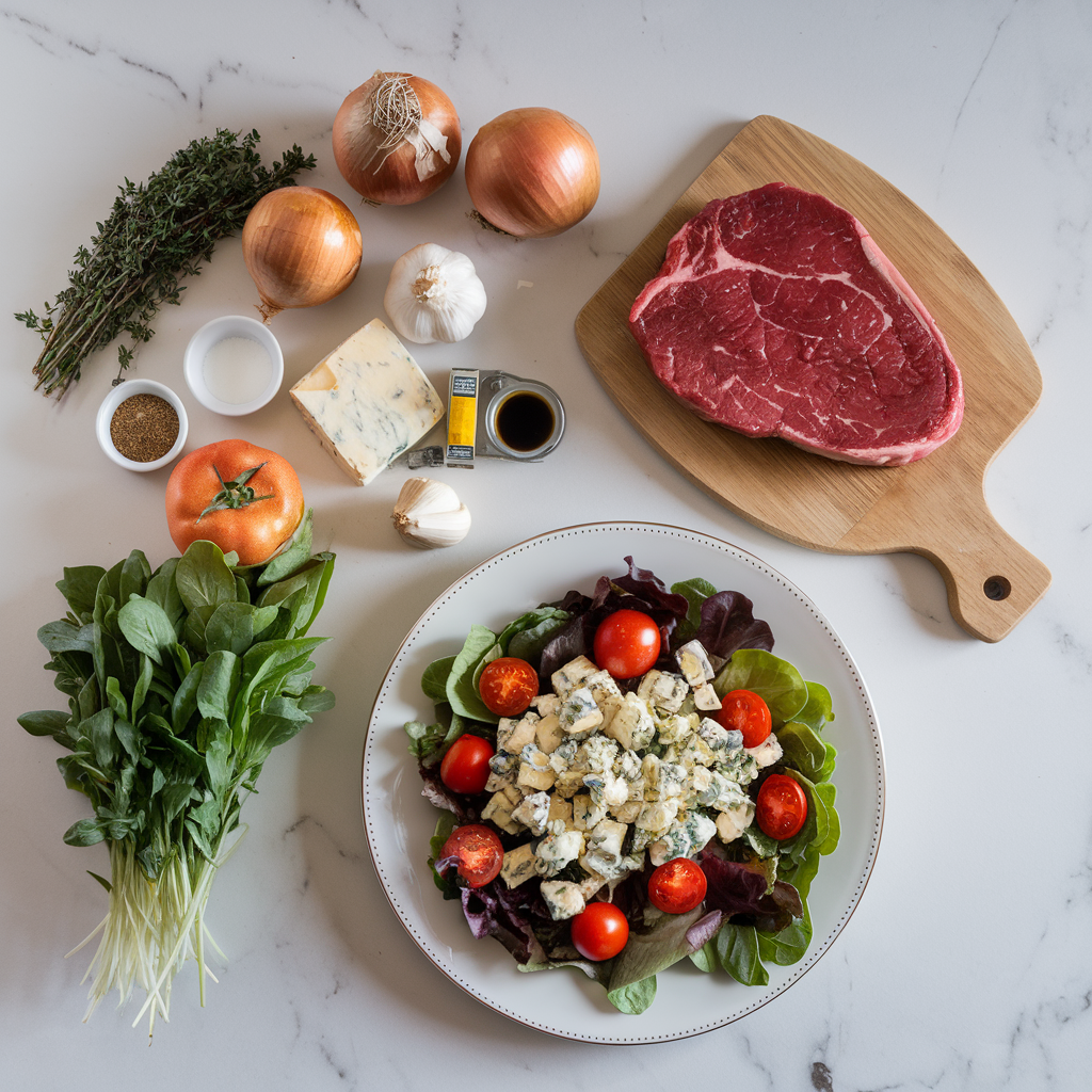 Ingredients for Bourbon-Glazed Steak & Blue Cheese Explosion Salad