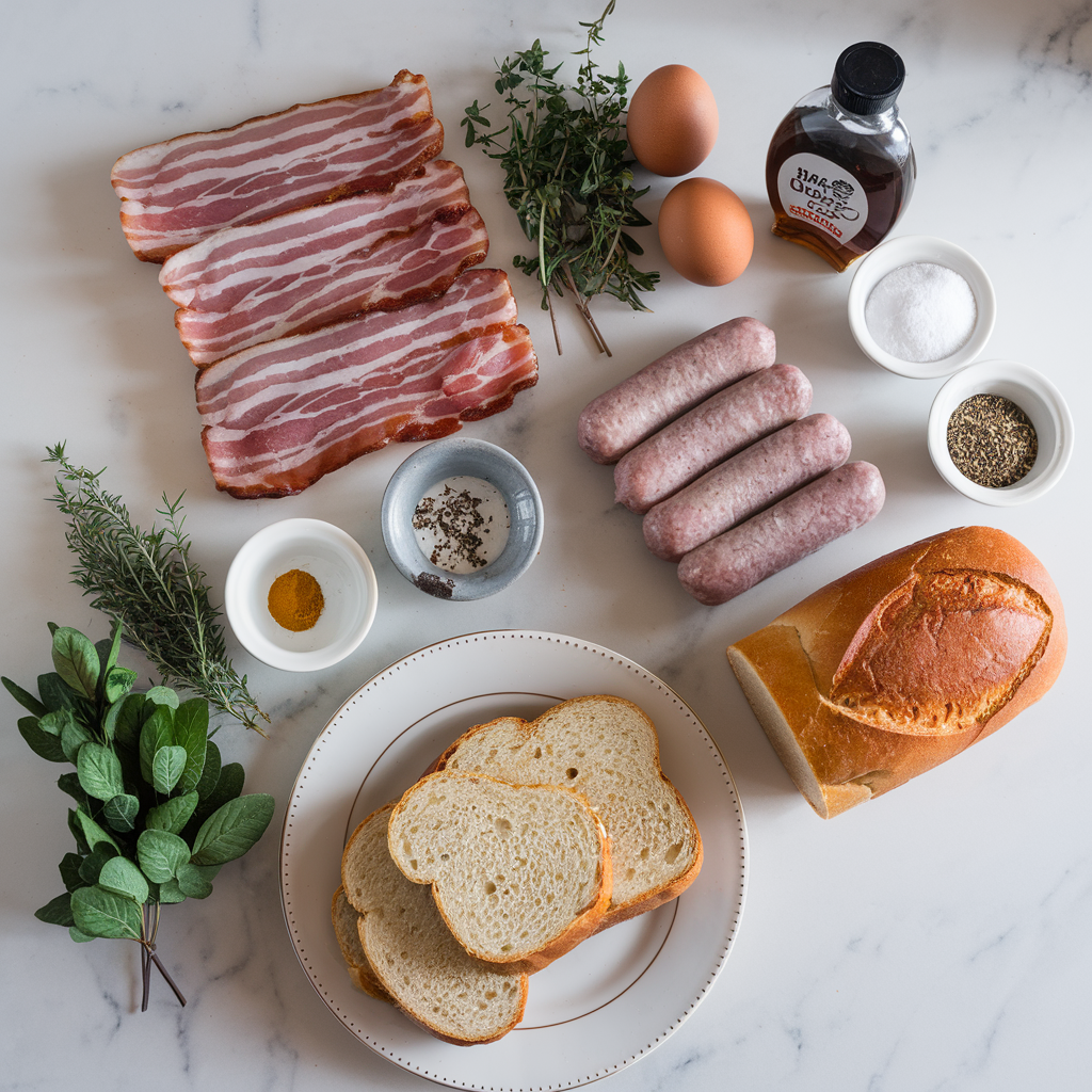 Ingredients for Breakfast Carnivore's Dream: Bacon & Sausage Stuffed French Toast