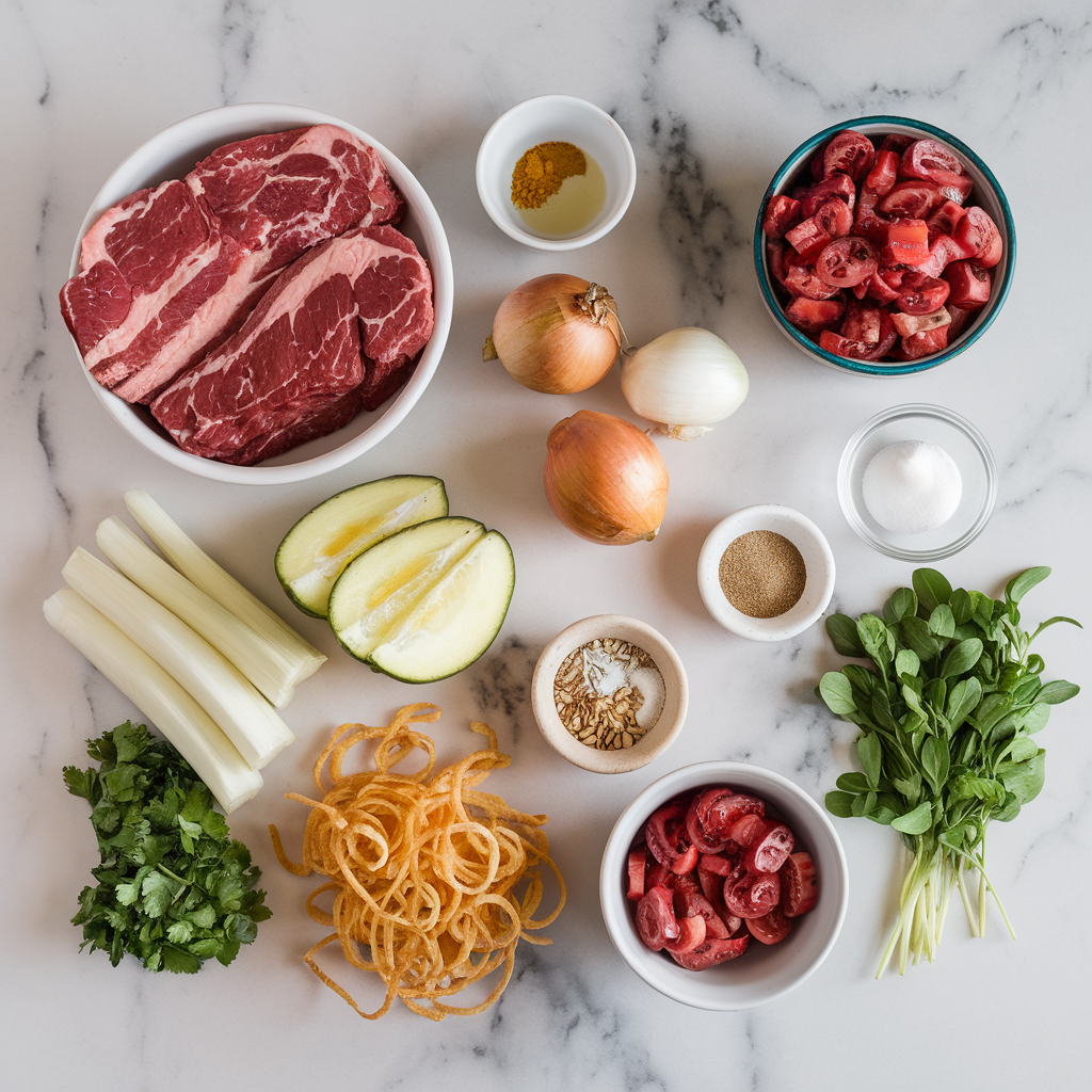 Ingredients for Carnivore's Dream BBQ Steak Salad with Crispy Onion Strings