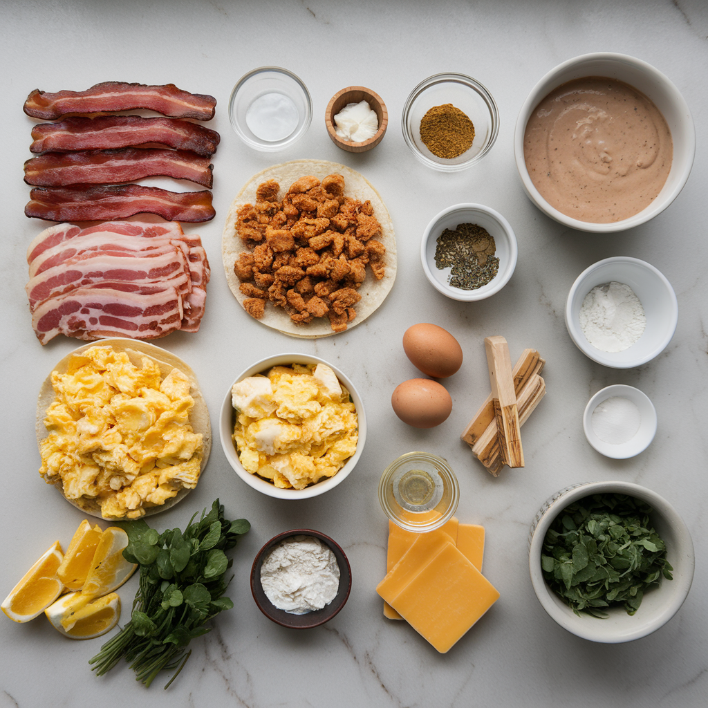 Ingredients for Cheesy Bacon Breakfast Tacos with Maple Sausage Gravy