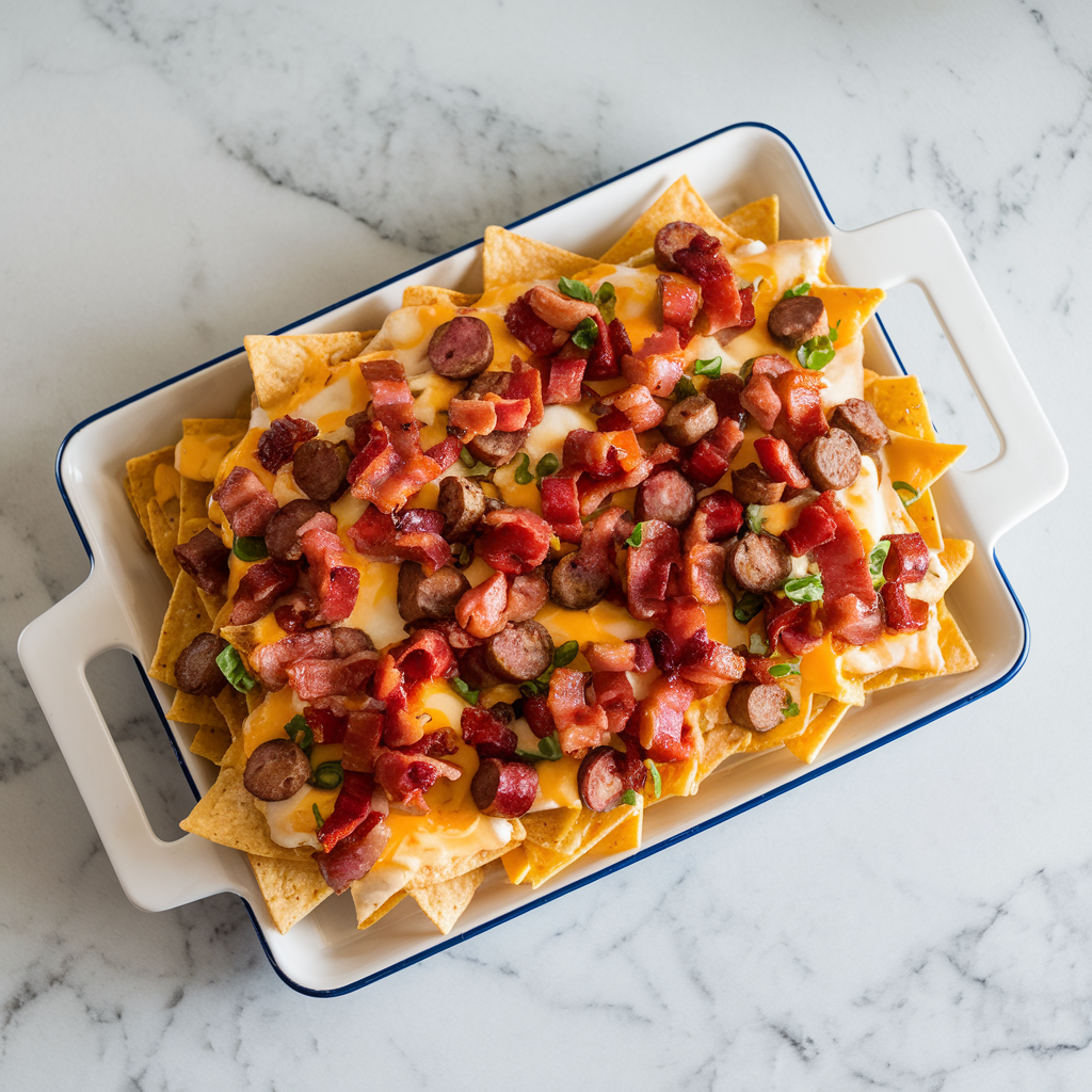 Cheesy Bacon & Sausage Breakfast Nachos