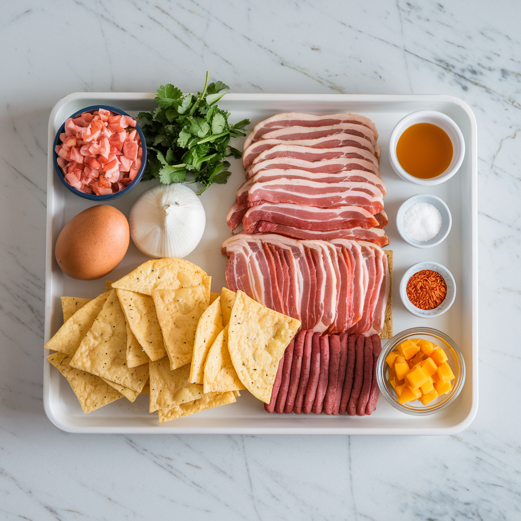 Ingredients for Cheesy Bacon & Sausage Breakfast Nachos