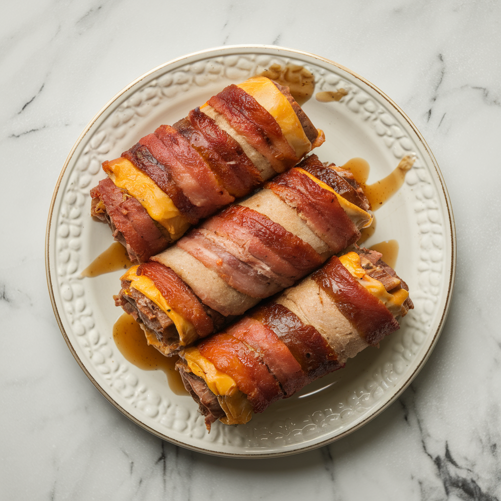 Cheesy Bacon-Wrapped Beef Roll-Ups with Spicy Maple Glaze
