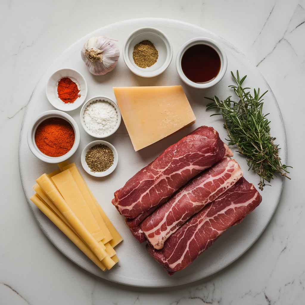 Ingredients for Cheesy Bacon-Wrapped Beef Roll-Ups with Spicy Maple Glaze