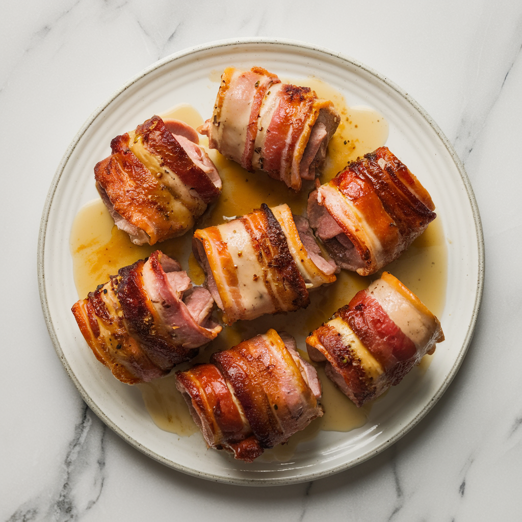 Cheesy Bacon-Wrapped Pork Tenderloin Bites with Maple Bourbon Glaze