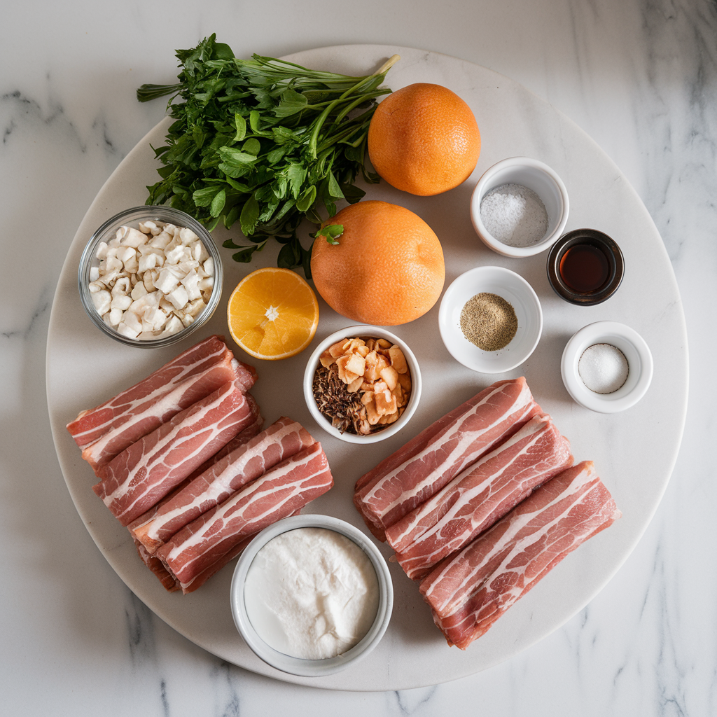 Ingredients for Cheesy Bacon-Wrapped Pork Tenderloin Bites with Maple Bourbon Glaze
