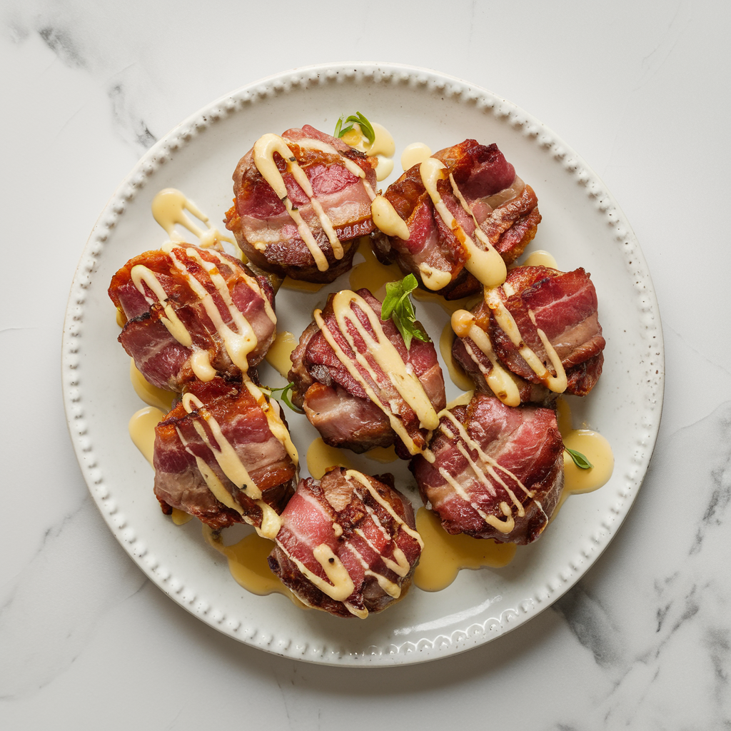 Cheesy Bacon-Wrapped Steak Bites with Garlic Butter Drizzle