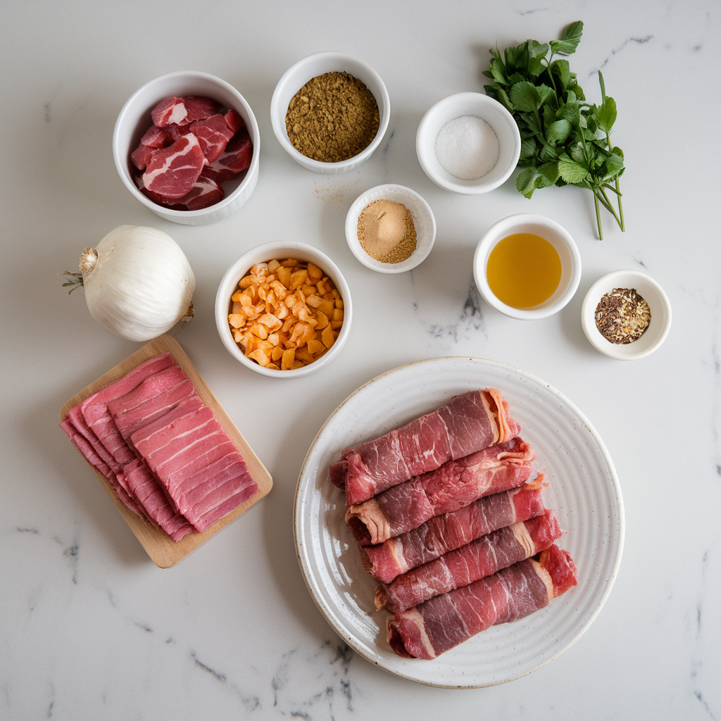 Ingredients for Cheesy Bacon-Wrapped Steak Bites with Garlic Butter Drizzle