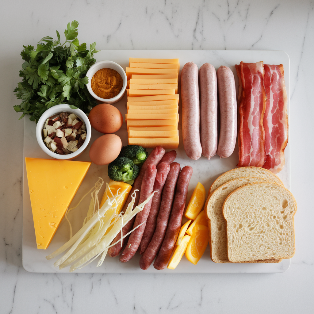 Ingredients for Cheesy Sausage and Bacon Breakfast Roll-Up Explosion