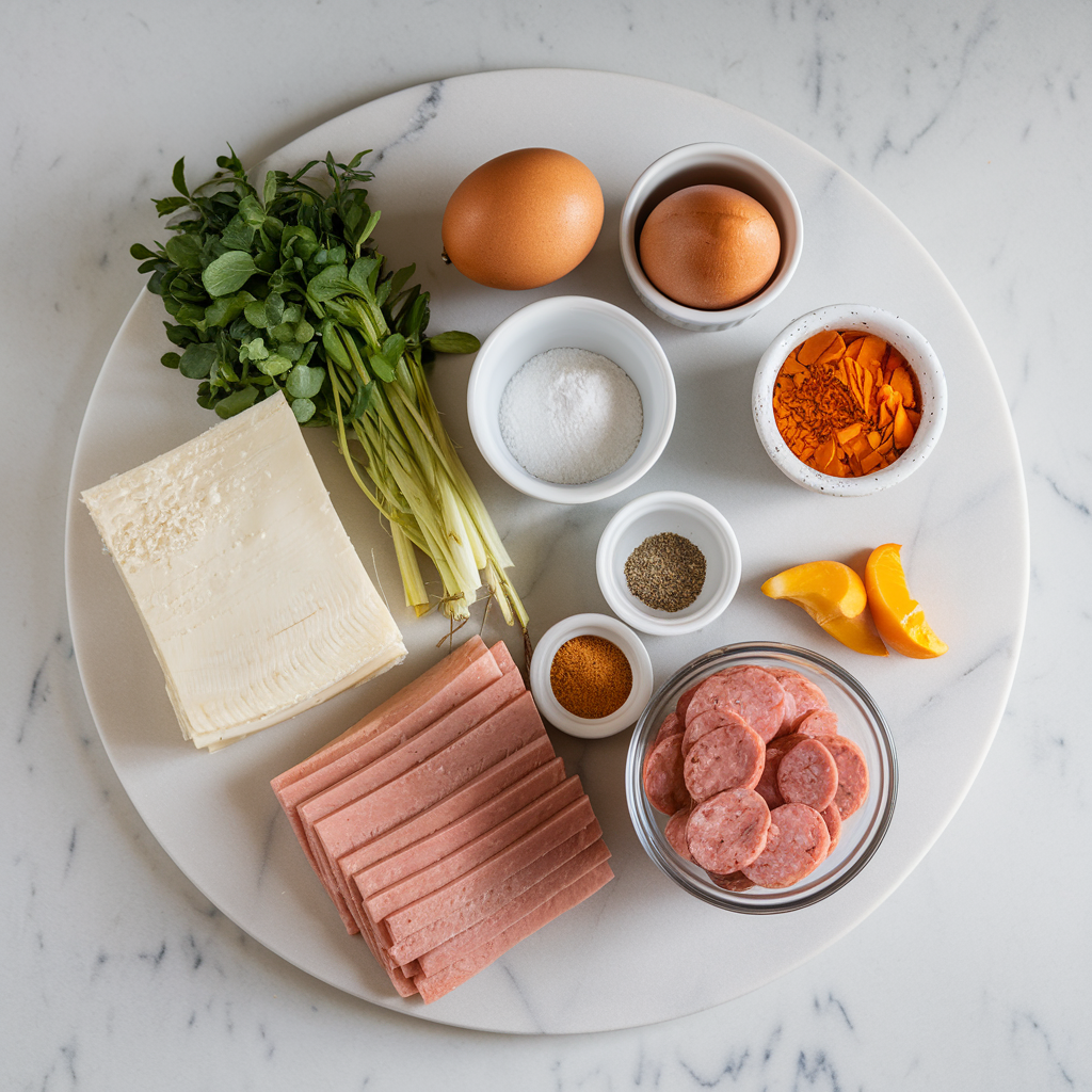 Ingredients for Cheesy Sausage & Egg-Stuffed Breakfast Pretzel Bombs