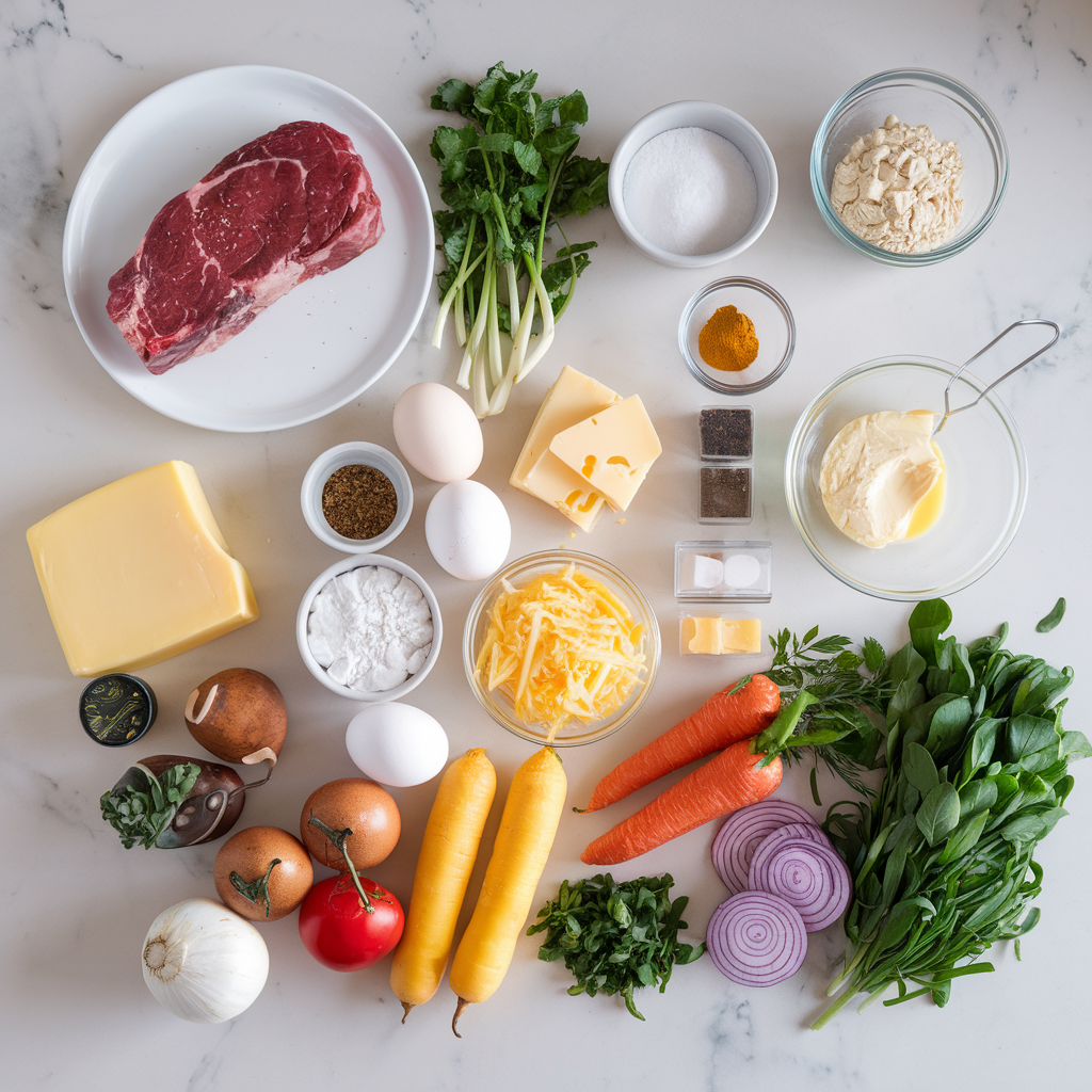Ingredients for Cheesy Steak & Egg Breakfast Skillet with Buttery Biscuit Crust