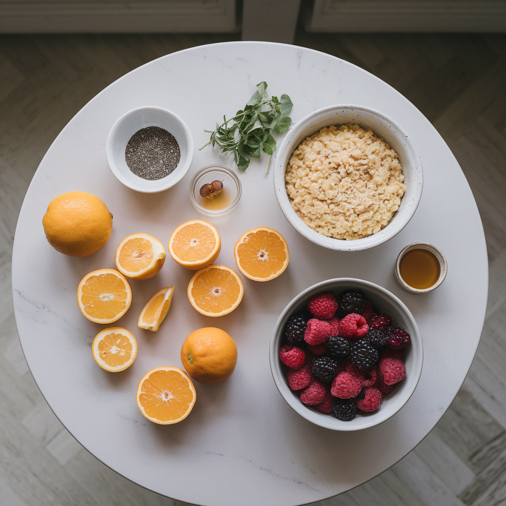Ingredients for Chia-Infused Citrus Polenta Parfait with Berry Compote