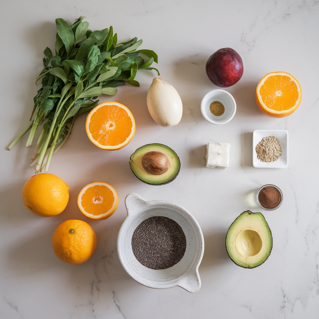 Ingredients for Chia-Infused Citrus Matcha Parfait with Avocado Cream