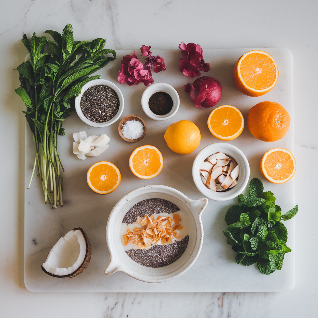 Ingredients for Chia-Infused Hibiscus and Citrus Parfait with Coconut Crunch