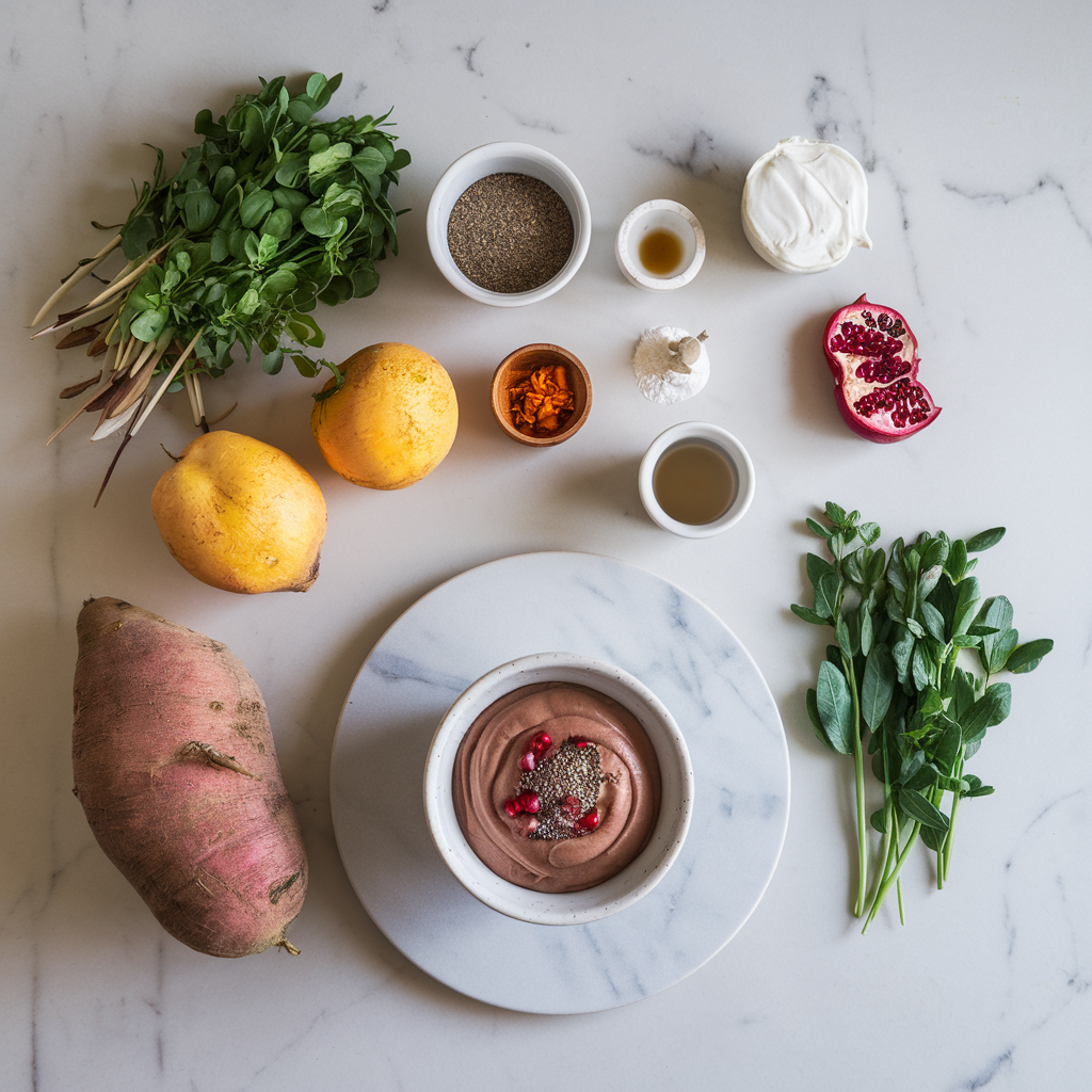 Ingredients for Chia-Infused Sweet Potato Chocolate Mousse with Pomegranate Drizzle
