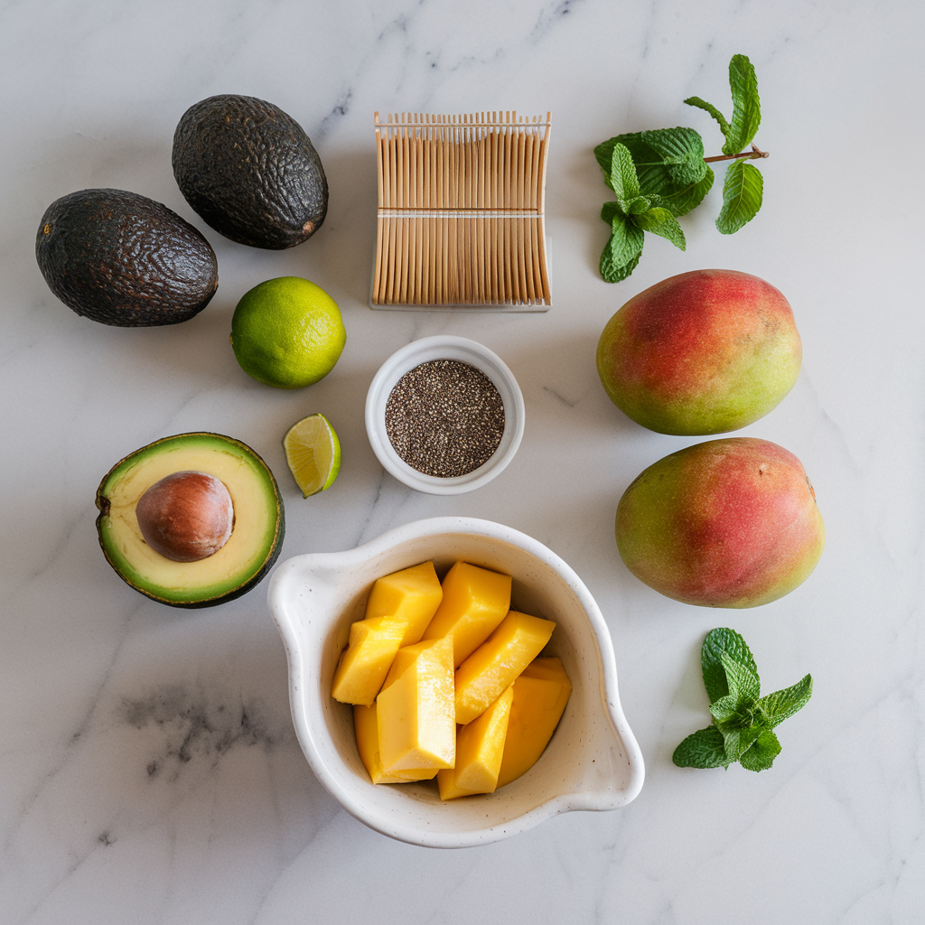 Ingredients for Chilled Avocado Lime Matcha Parfait with Chia Mango Swirl