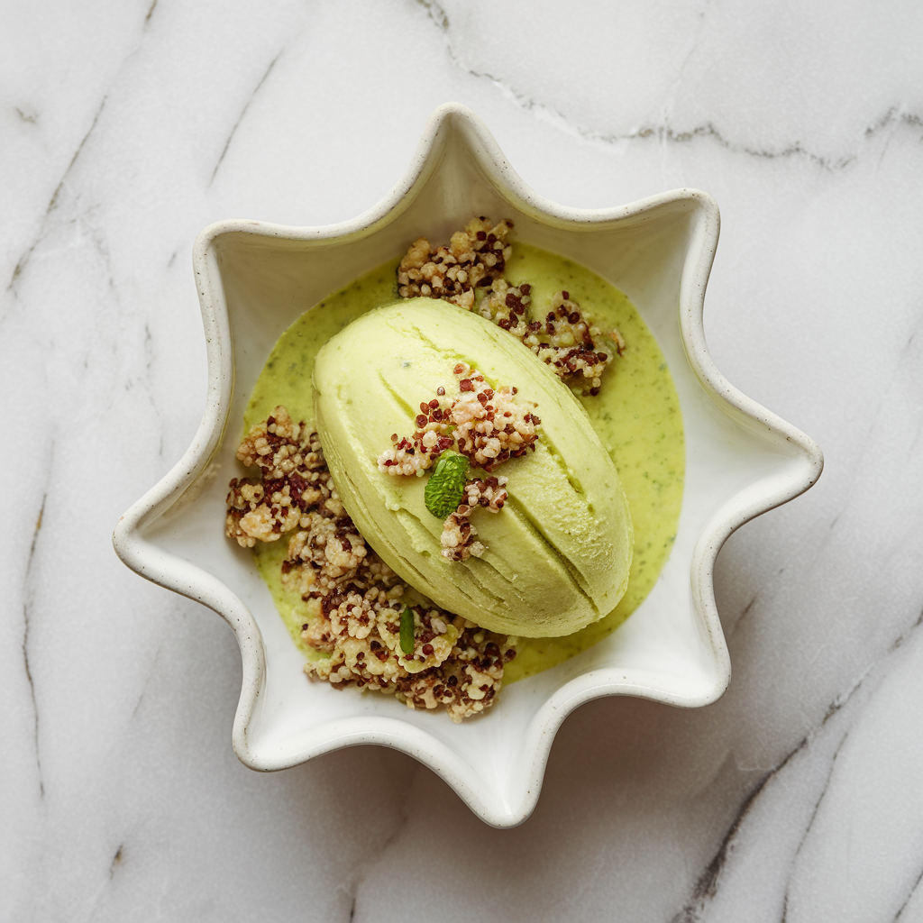Chilled Avocado Lime Sorbet with Minted Quinoa Crunch