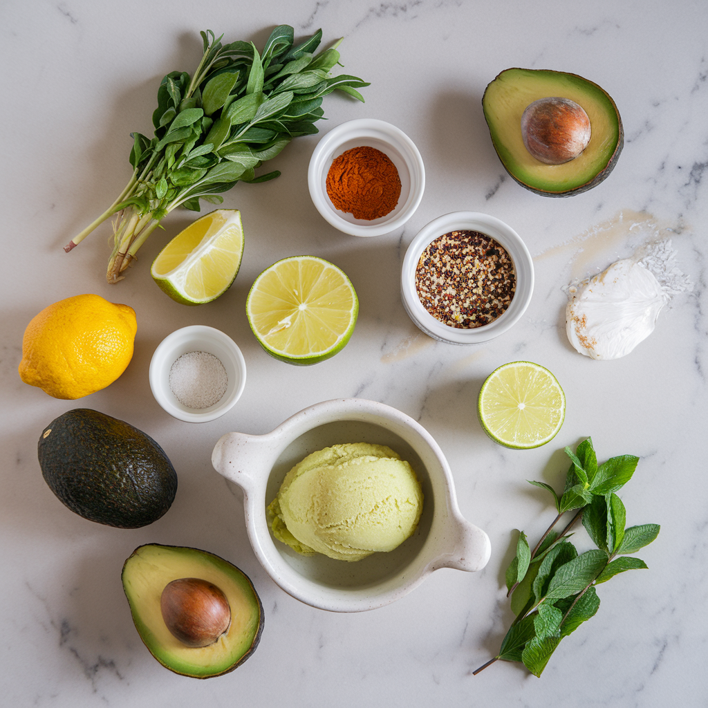 Ingredients for Chilled Avocado Lime Sorbet with Minted Quinoa Crunch