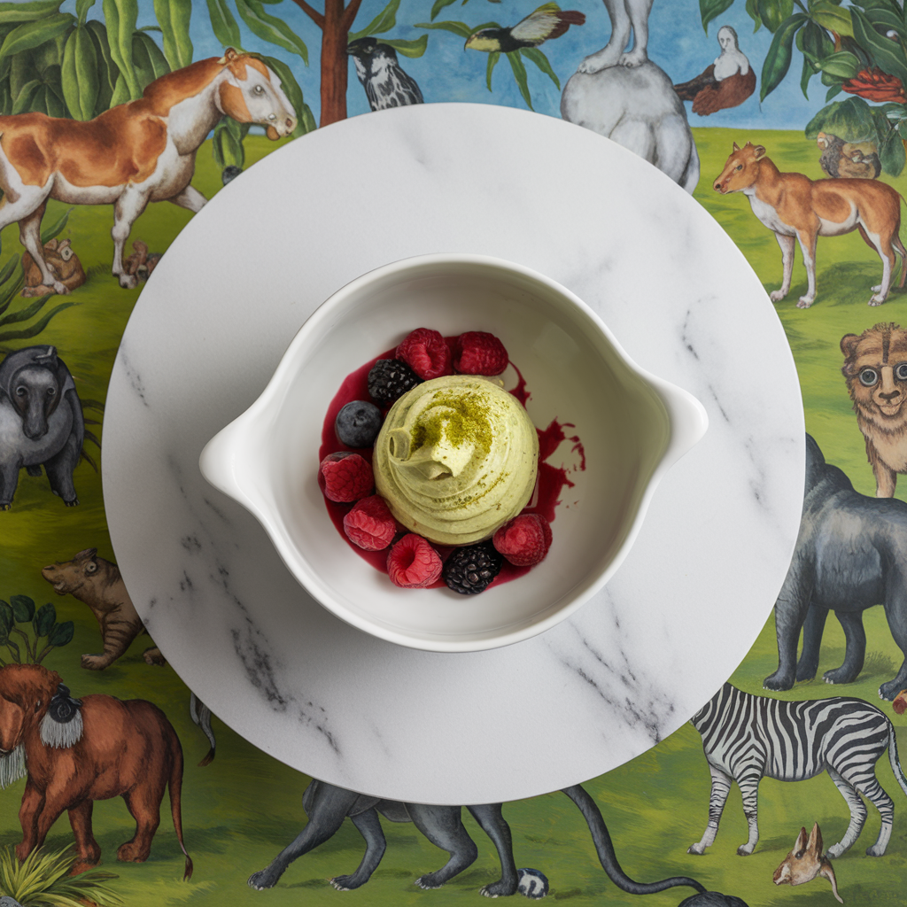 Chilled Avocado and Matcha Mousse with Berry Compote