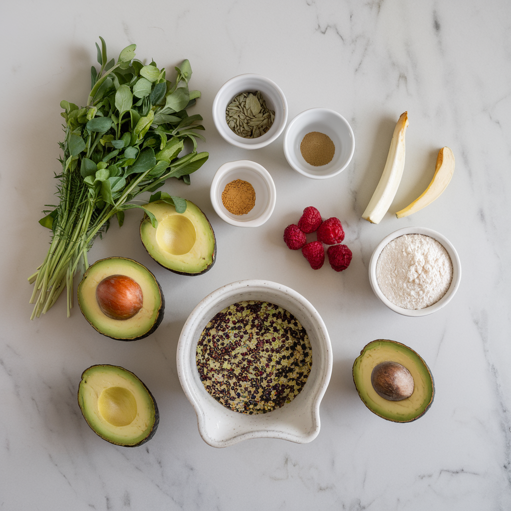 Ingredients for Chilled Cardamom-Spiced Quinoa and Avocado Parfait
