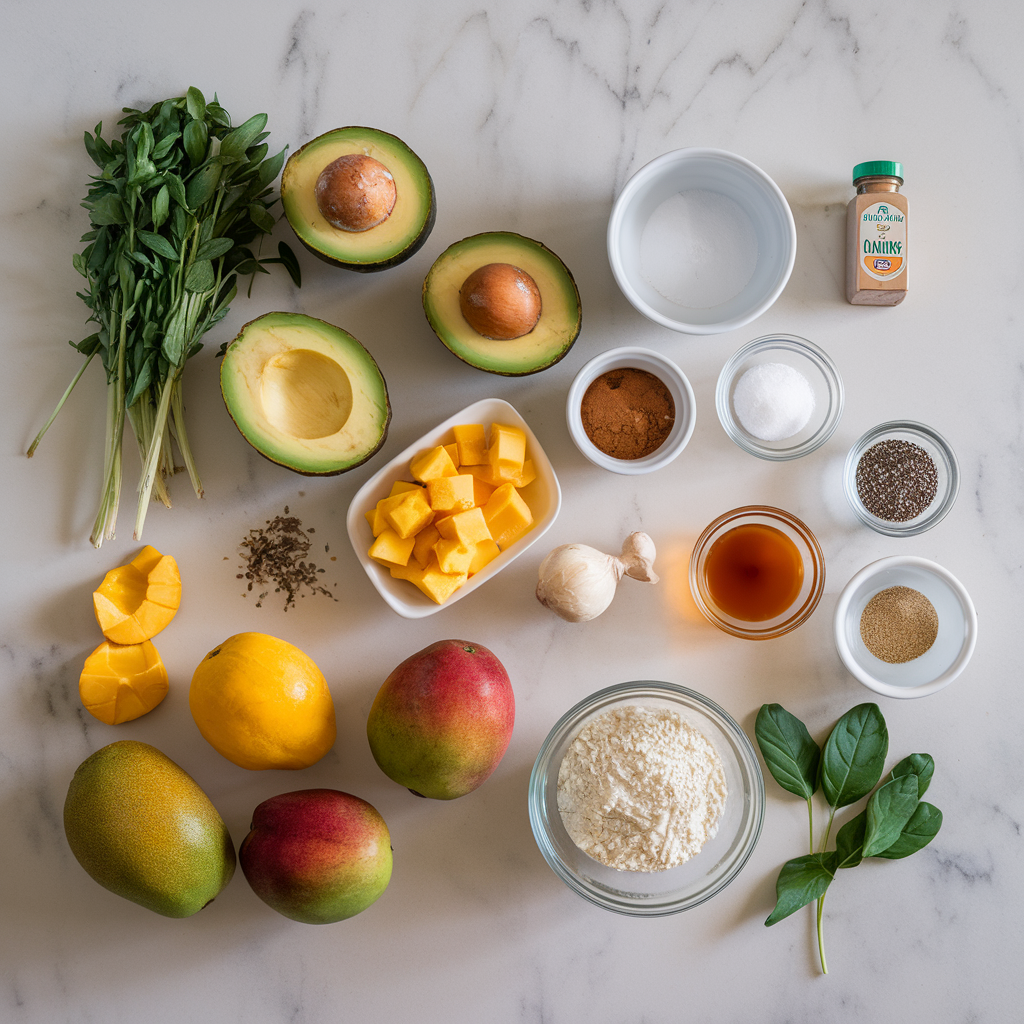Ingredients for Chilled Mango Avocado Mousse with Chia Crunch