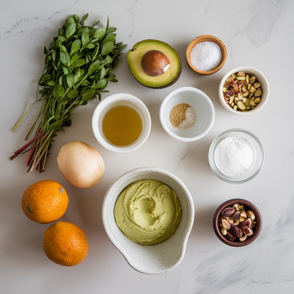 Ingredients for Chilled Matcha Avocado Mousse with Pistachio-Coconut Crumble