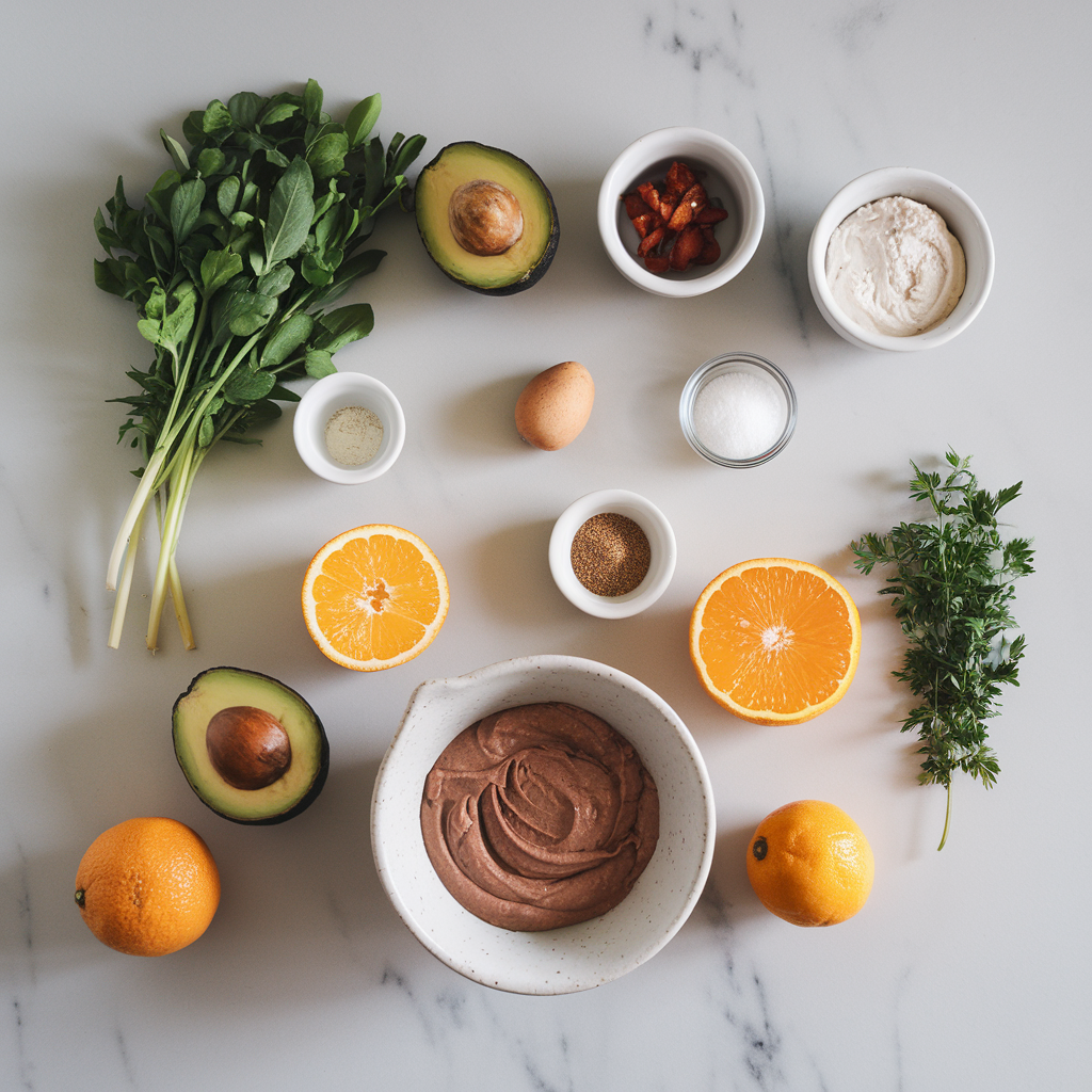 Ingredients for Cocoa Chia Avocado Mousse with Spiced Citrus Compote