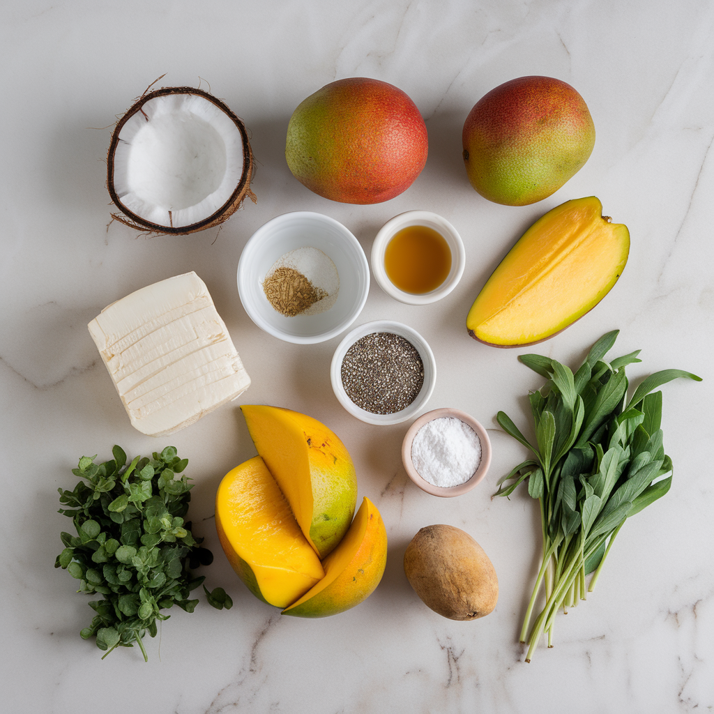 Ingredients for Coconut Cassava Delight with Chia-Mango Drizzle