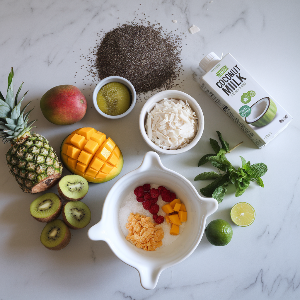 Ingredients for Coconut Chia Matcha Mousse with Tropical Fruit Medley