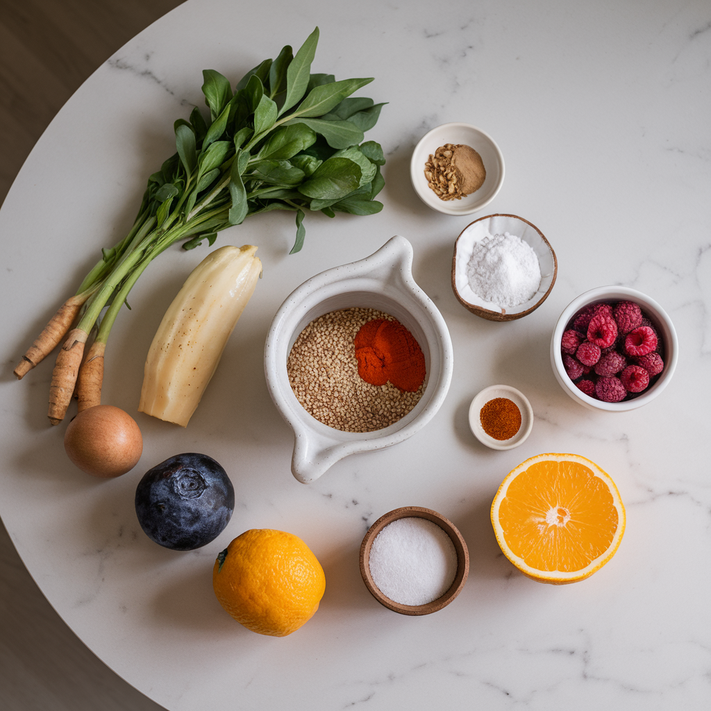 Ingredients for Coconut-Turmeric Quinoa Pudding with Citrus-Berry Swirl