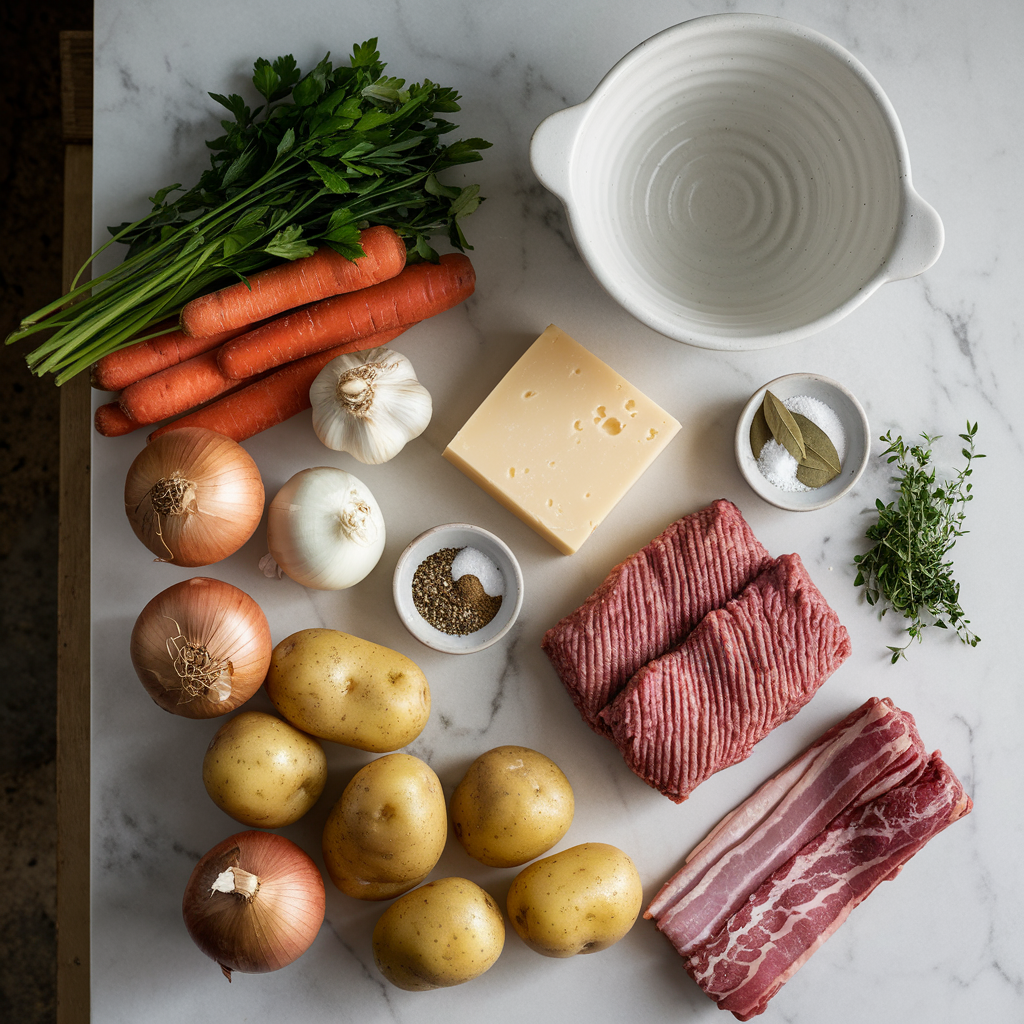 Ingredients for Creamy Bacon Cheeseburger Stew with Crispy Potato Toppers