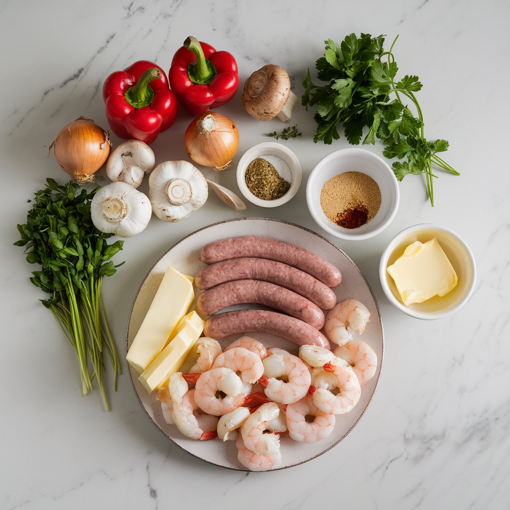 Ingredients for Creamy Cajun Sausage & Shrimp Skillet