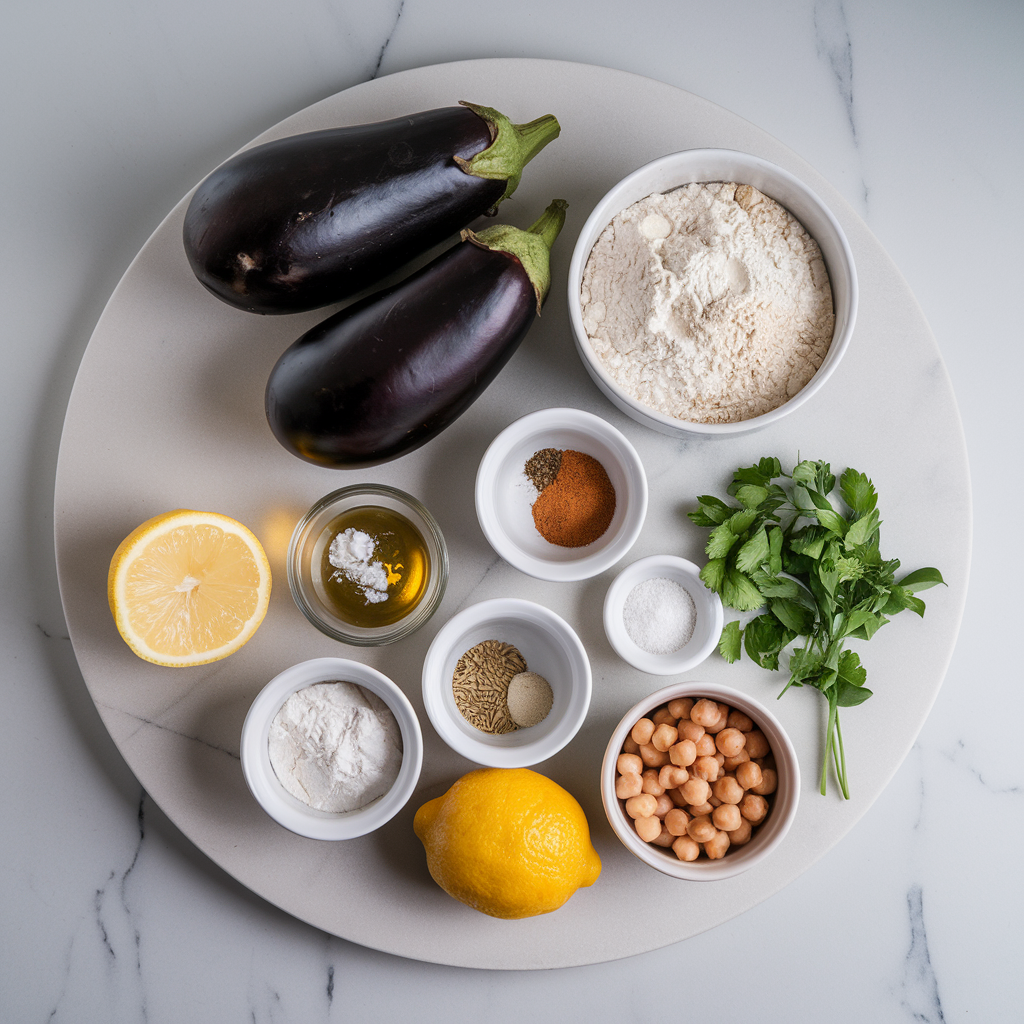 Ingredients for Crispy Air-Fried Eggplant & Chickpea Fritters with Lemon-Tahini Drizzle