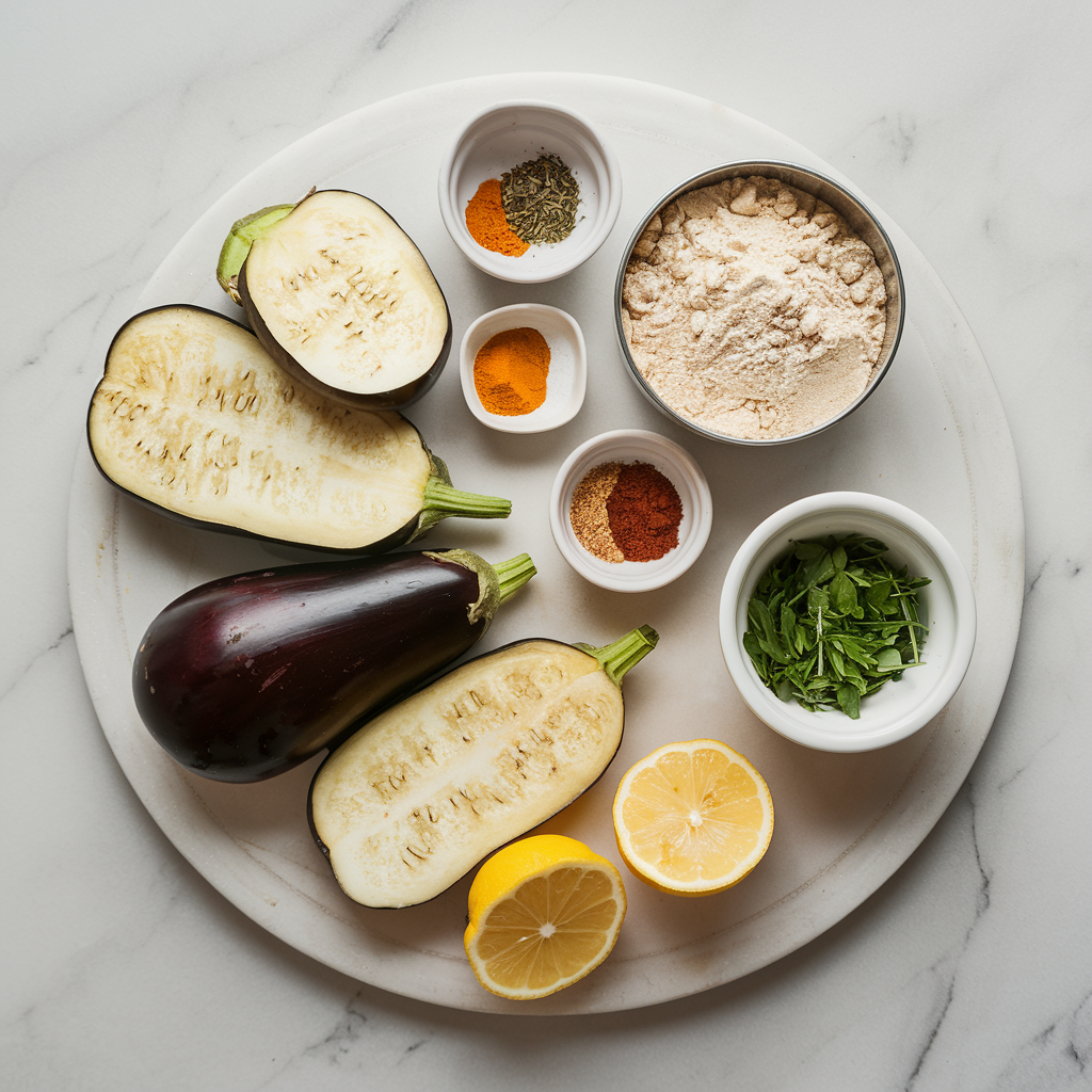Ingredients for Crispy Air-Fried Eggplant Medallions with Spiced Chickpea Crust