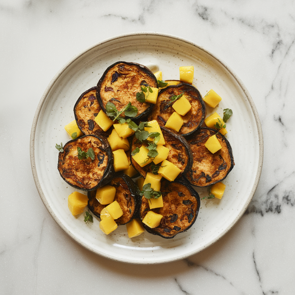 Crispy Air-Fried Seitan & Eggplant Bites with Spicy Mango Salsa