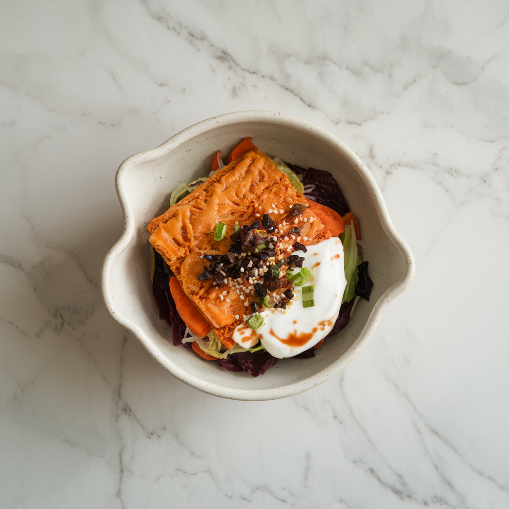 Crispy Air Fried Seitan & Sweet Potato Bibimbap with Gochujang Yogurt