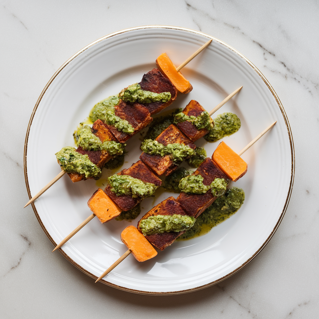 Crispy Air-Fried Seitan and Sweet Potato Skewers with Chimichurri Drizzle