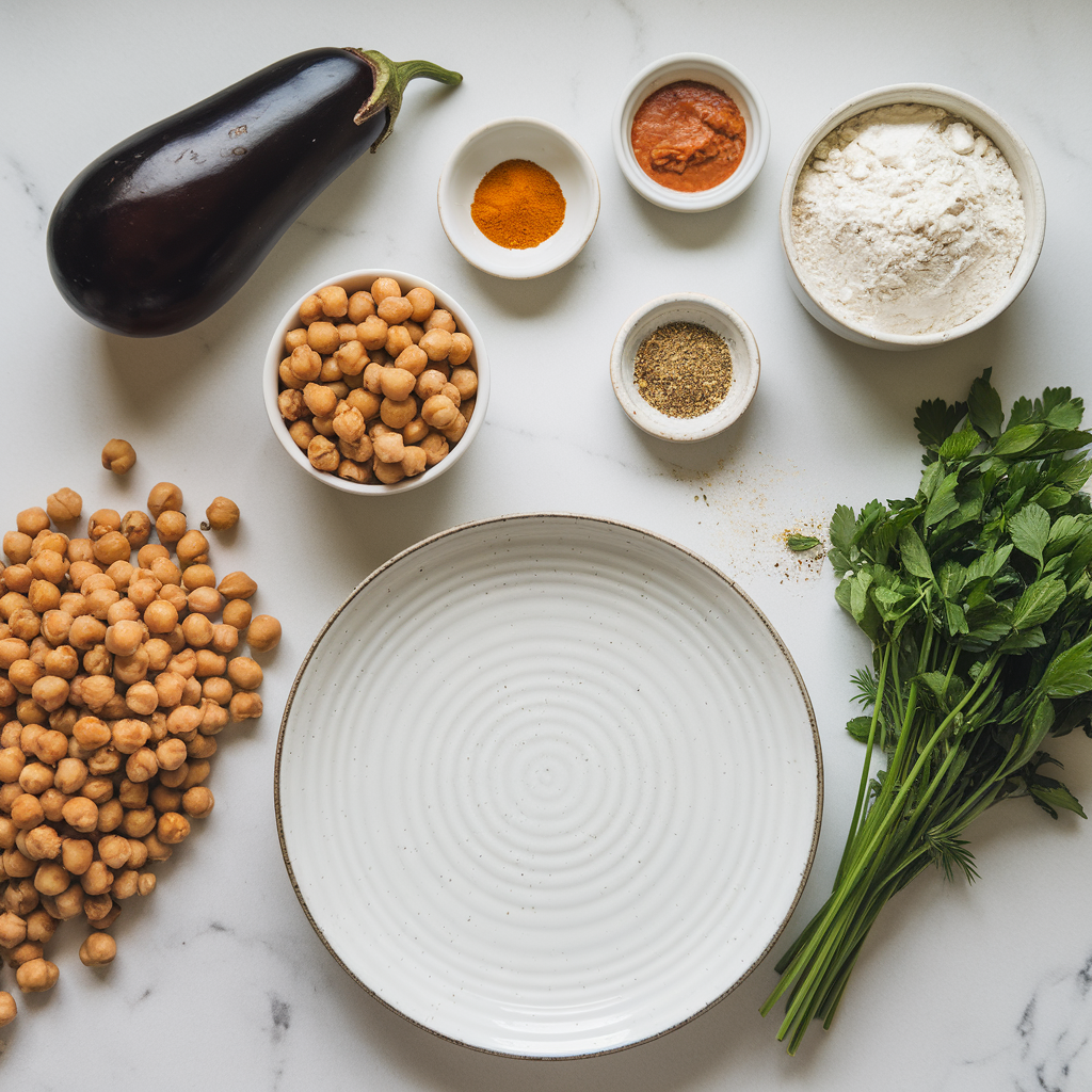 Ingredients for Crispy Air Fryer Eggplant & Chickpea Bites with Harissa Yogurt Dip