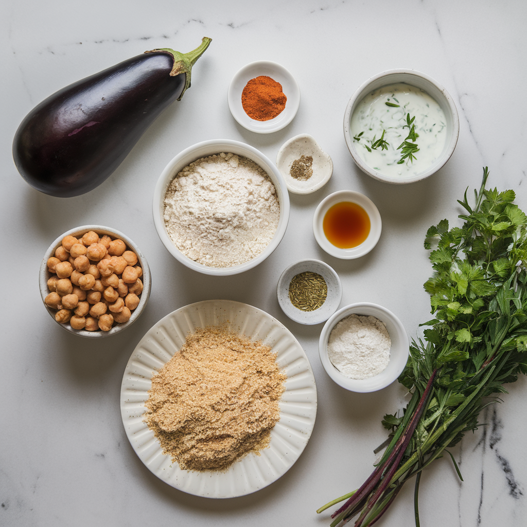 Ingredients for Crispy Air Fryer Eggplant & Chickpea Fritters with Zesty Herb Yogurt Sauce