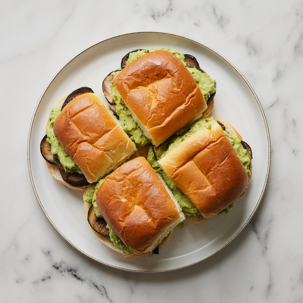 Crispy Air Fryer Eggplant and Mushroom Sliders with Herb Avocado Spread