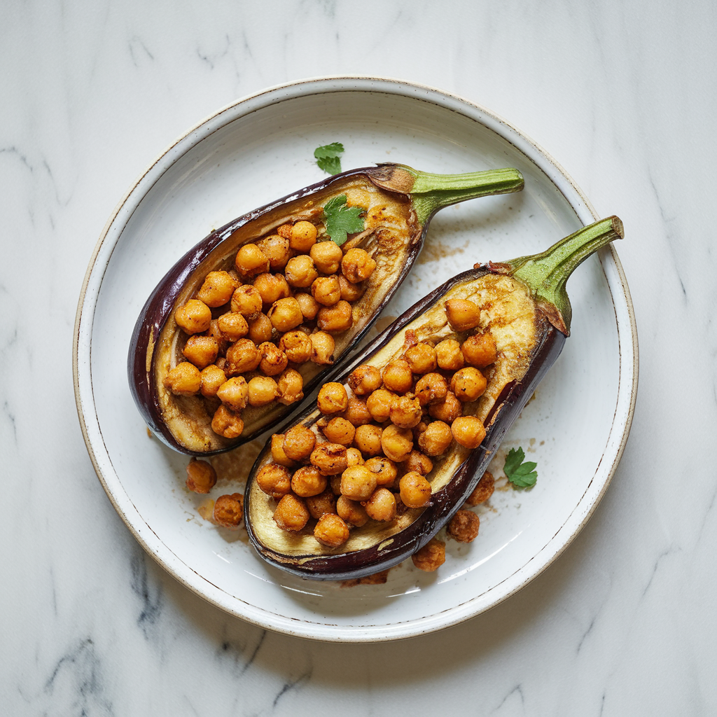 Crispy Air Fryer Tamarind-Glazed Eggplant with Spiced Chickpeas