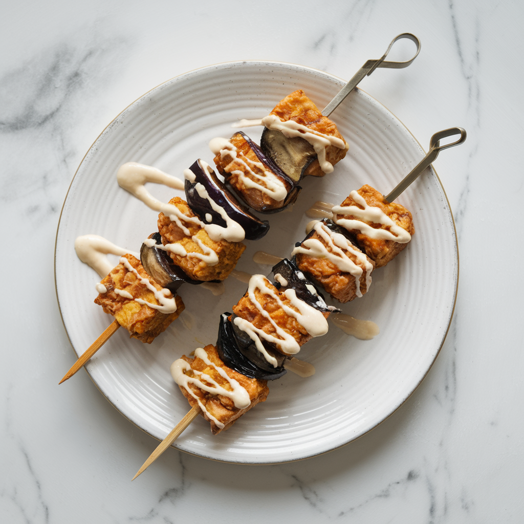 Crispy Air Fryer Tempeh & Eggplant Skewers with Spiced Tahini Drizzle