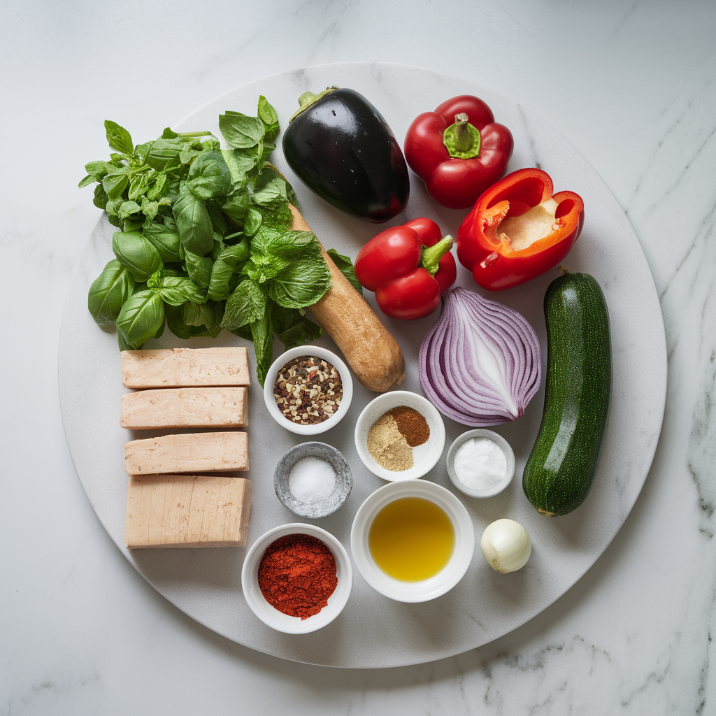Ingredients for Crispy Air Fryer Tempeh & Eggplant Skewers with Spiced Tahini Drizzle