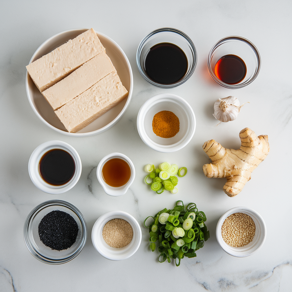 Ingredients for Crispy Air Fryer Teriyaki Tofu Bites with Sesame Glaze