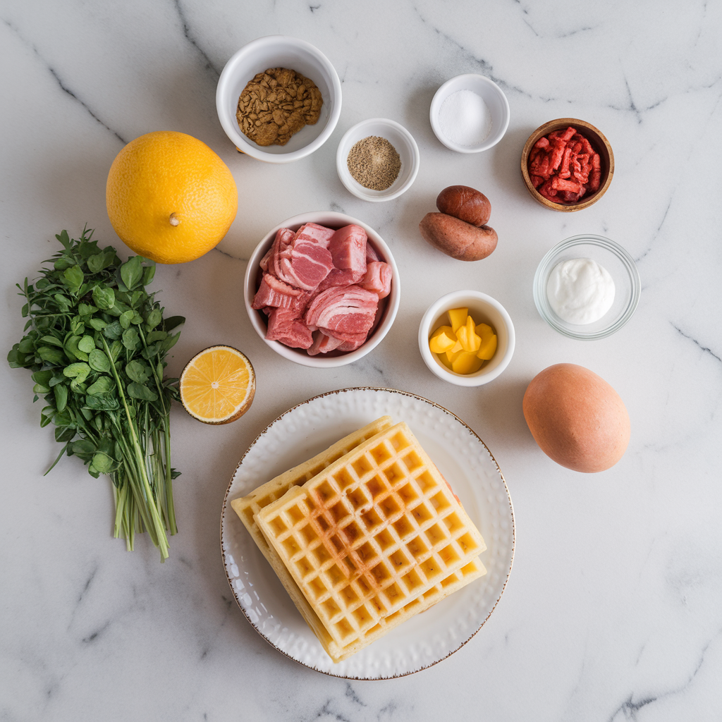 Ingredients for Crispy Bacon & Sausage Stuffed Waffle Bombs