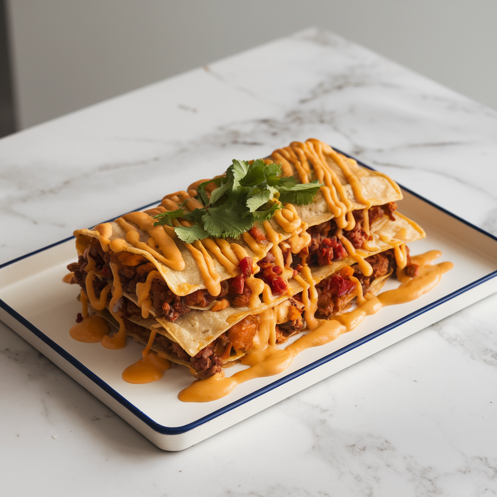 Crispy Beef & Chorizo Enchilada Stacks with Smoky Cheese Sauce